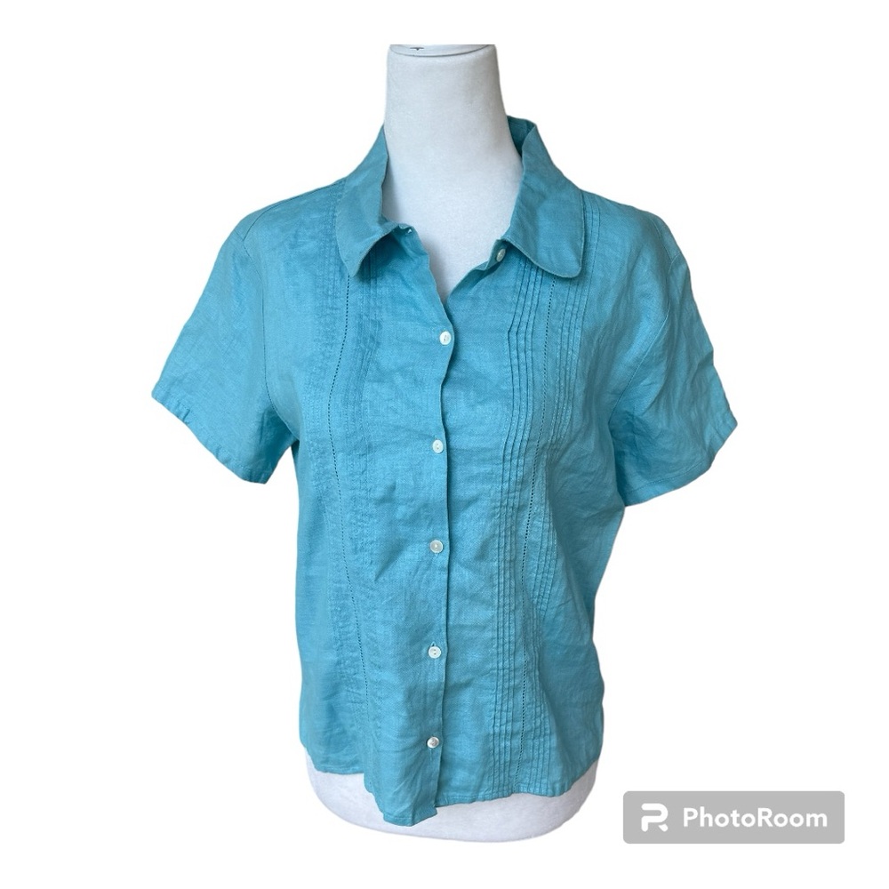 Old Navy Linen Camp Shirt Women Size Small Short Sleeves Blue Button Front